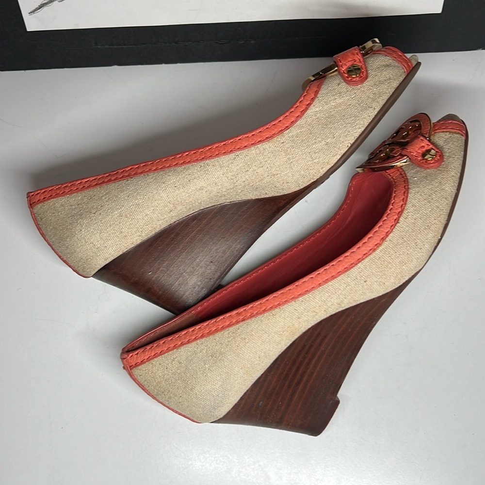 Tory Burch Amanda Off White/Pink Leather And Canvas PepToes Wedges Woman’s 6.5M - Picture 13 of 16